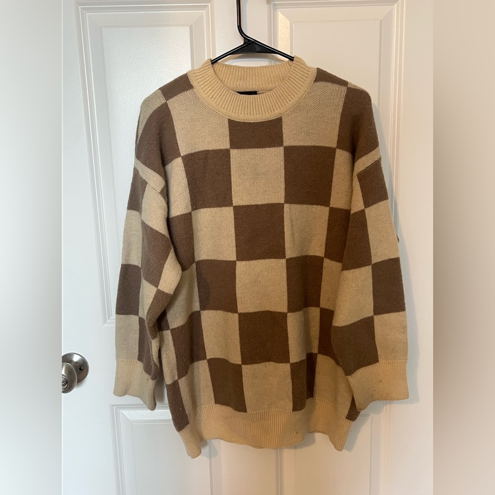 Brown and Cream Checkered Sweater